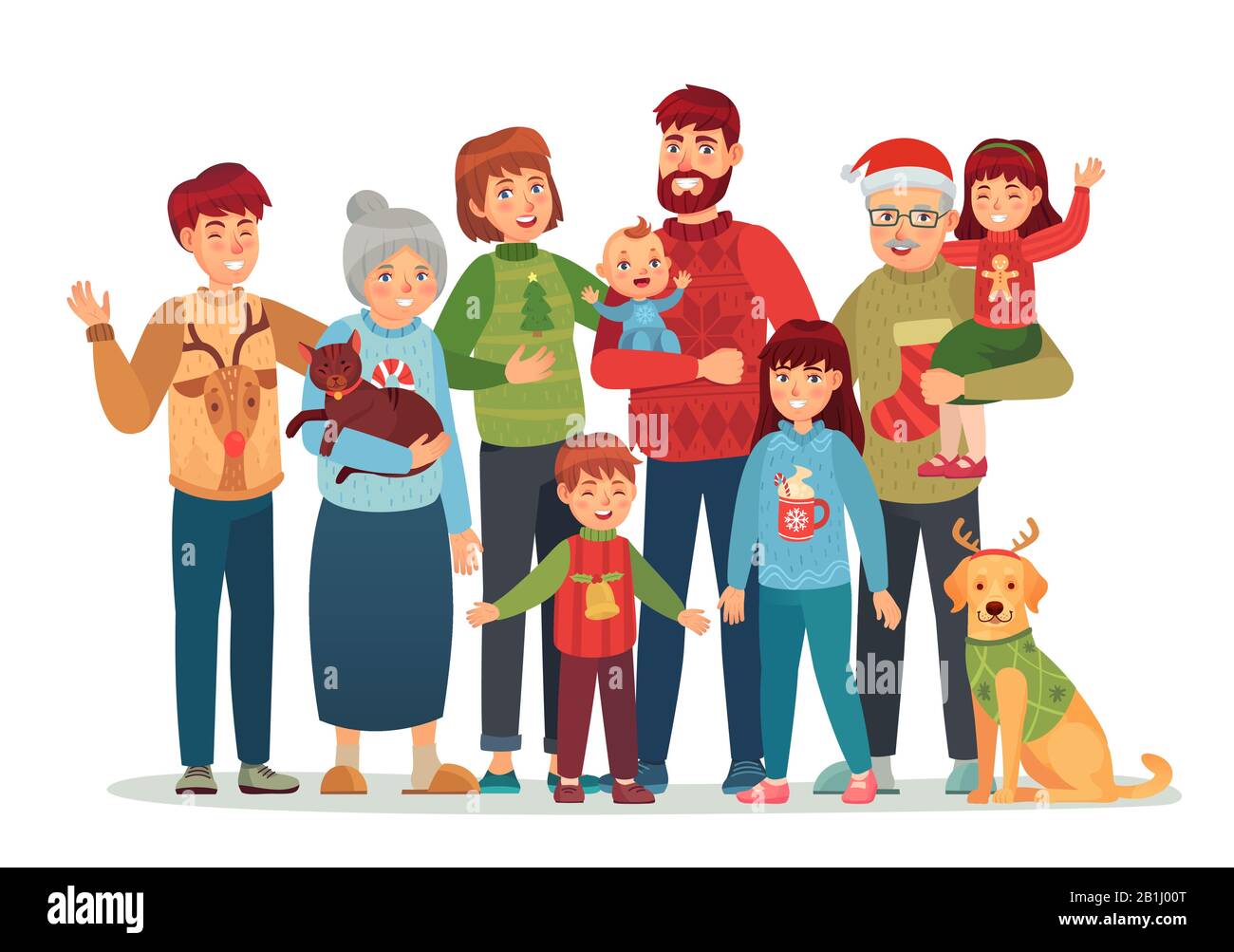 Ritratto di famiglia di Natale. Felice Natale gente di festa, grande famiglia in ugly sweaters cartone animato vettore illustrazione Illustrazione Vettoriale