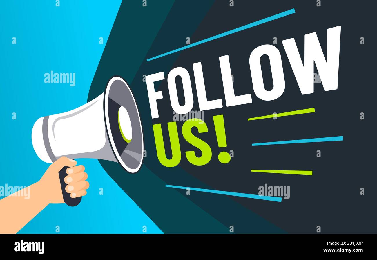 Seguiteci. Invitare seguaci, altoparlante in mano invitare seguace e pubblicità social media marketing post vettore illustrazione Illustrazione Vettoriale