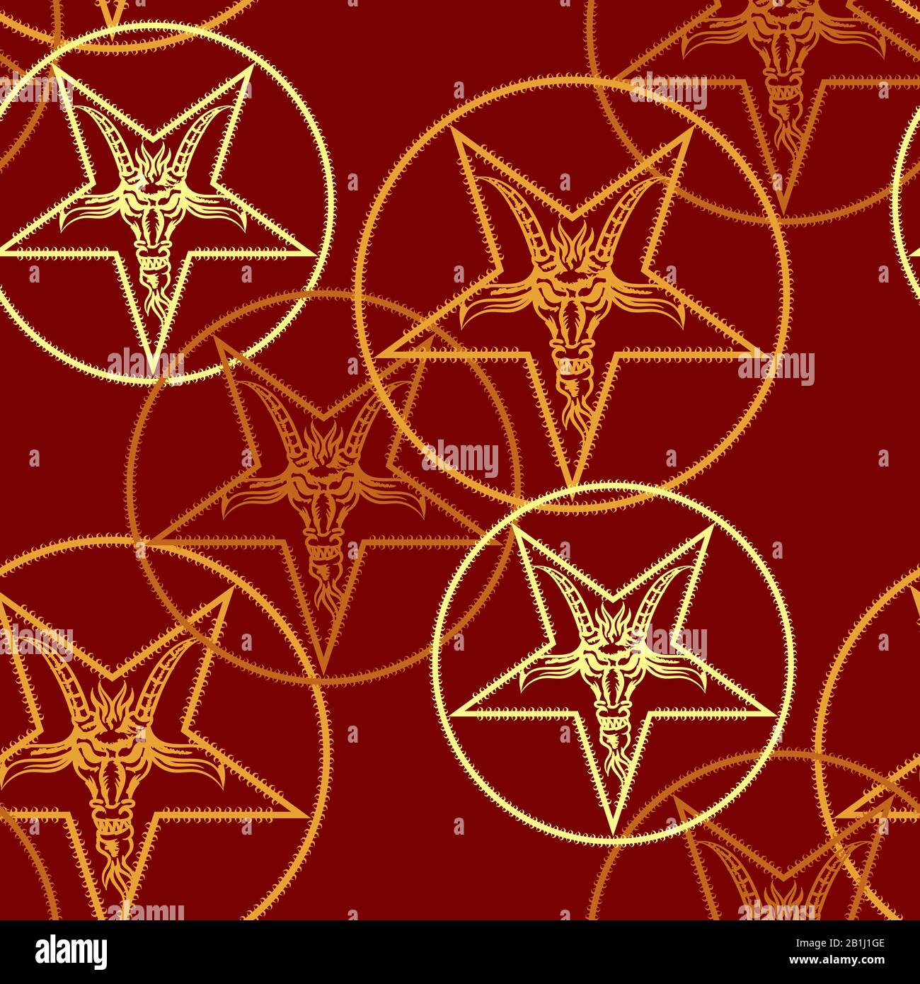 Disegno geometrico senza cuciture con pentagrammi ornati o stelle a cinque punti fatte di teste di capra. Silhouette dorate su sfondo rosso. Illustrazione Vettoriale