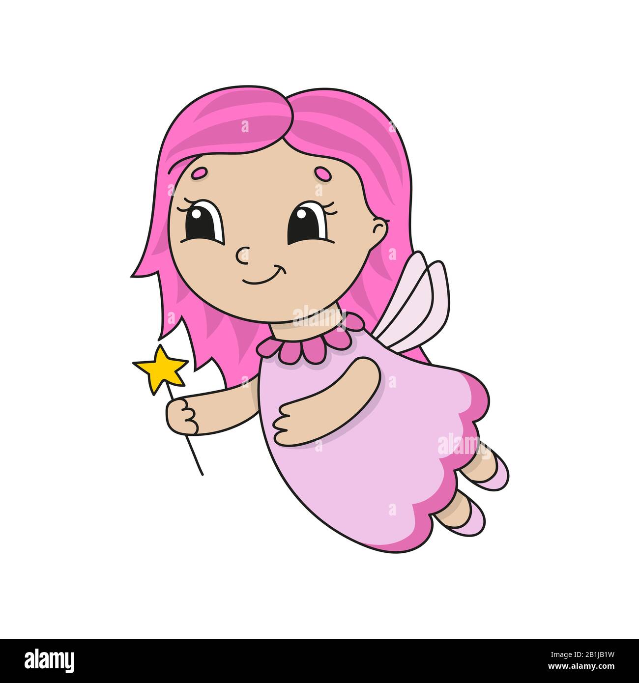 Fata carina in un abito rosa. Carino immagine vettoriale piatto in stile cartone animato infantile. Personaggio divertente. Isolato su sfondo bianco. Illustrazione Vettoriale