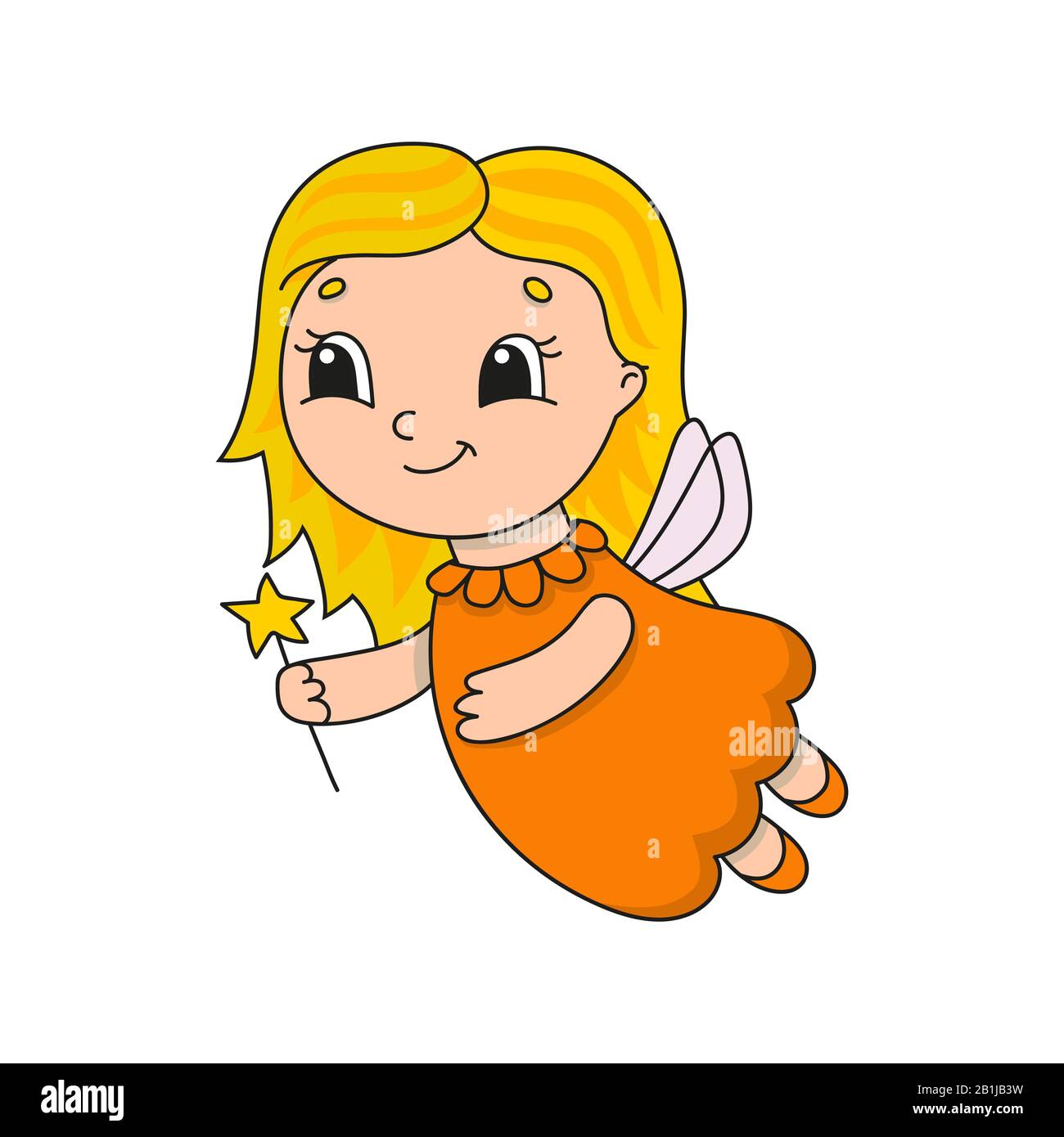 Fata carina in un abito arancione. Carino immagine vettoriale piatto in stile cartone animato infantile. Personaggio divertente. Isolato su sfondo bianco. Illustrazione Vettoriale