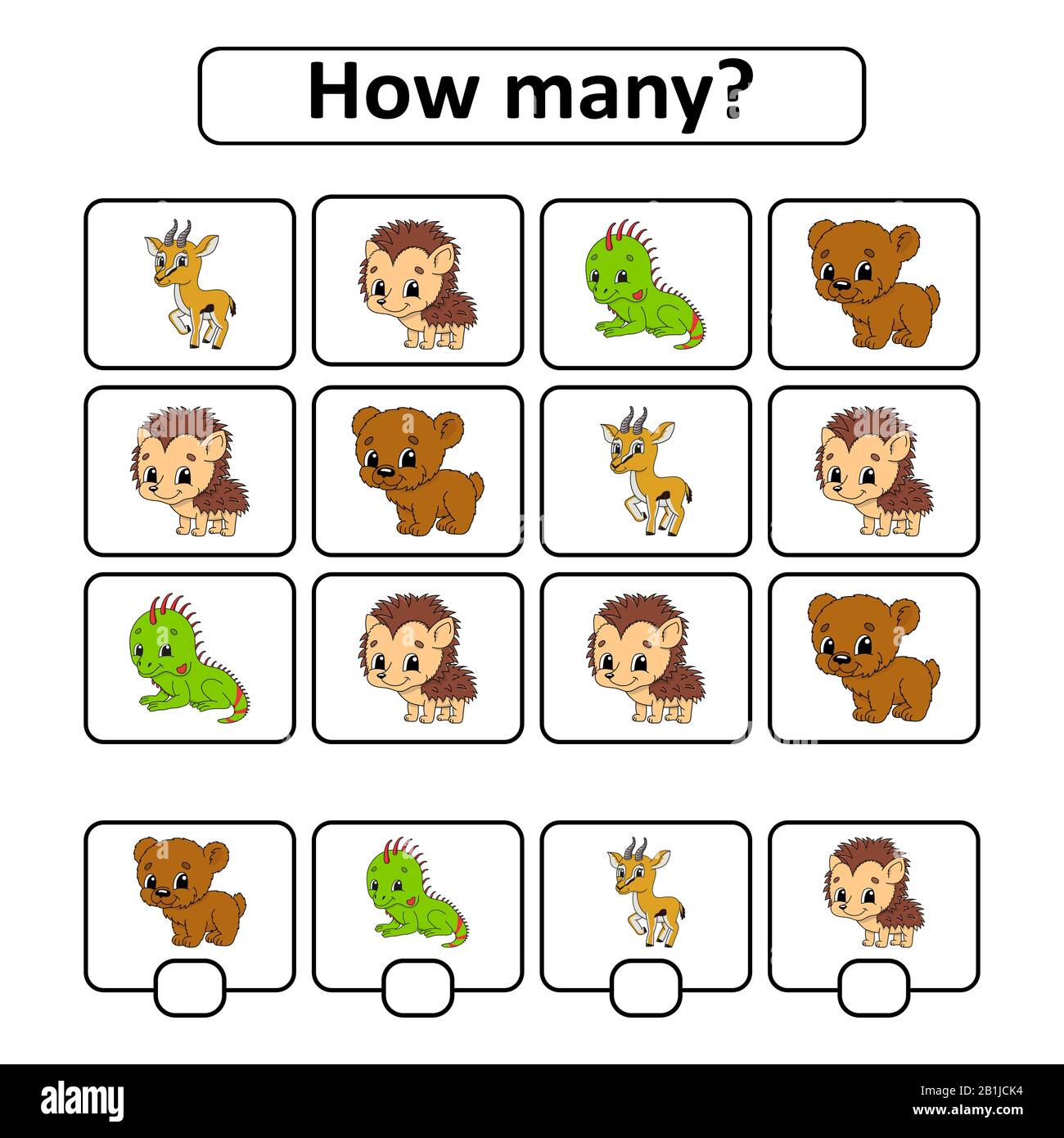 Conteggio gioco per bambini di età prescolare. Imparare la matematica. Quanti animali nella foto. Con spazio per le risposte. vecto semplice isolato piatto Illustrazione Vettoriale