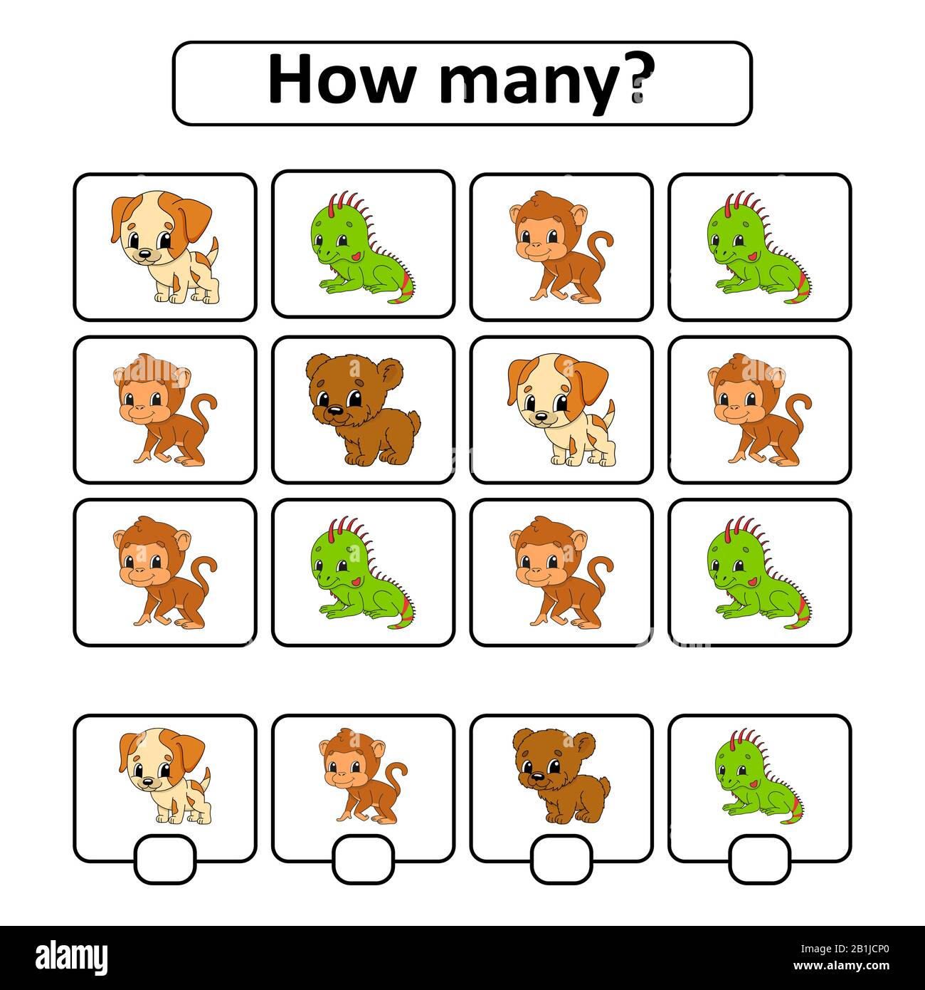Conteggio gioco per bambini di età prescolare. Imparare la matematica. Quanti animali nella foto. Con spazio per le risposte. vecto semplice isolato piatto Illustrazione Vettoriale