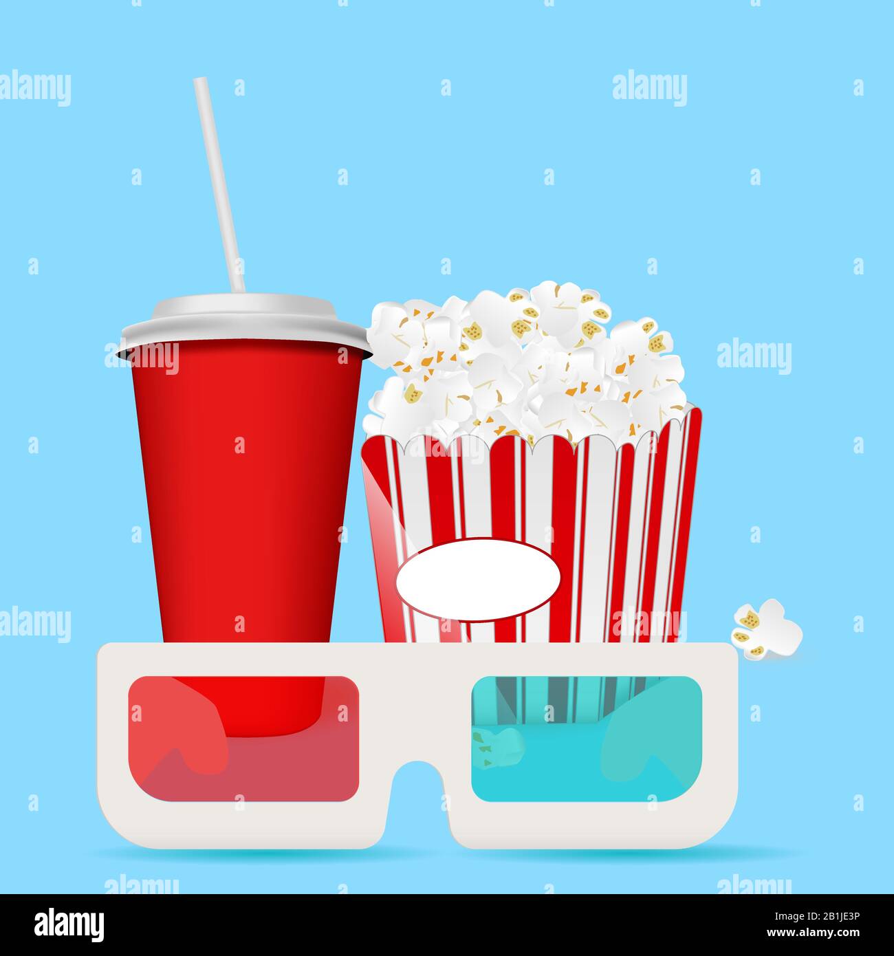 Popcorn impostato su sfondo blu Illustrazione Vettoriale