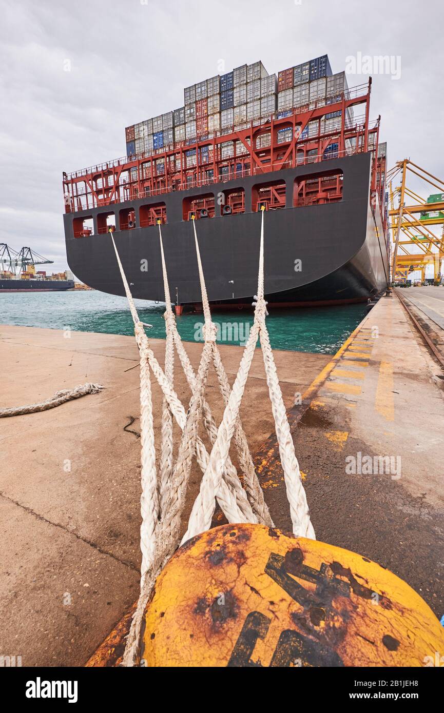 Container nave da carico legato in paletto di ormeggio del porto container. Settore dei trasporti e logistica delle spedizioni. Esportazione e importazione di attività Foto Stock