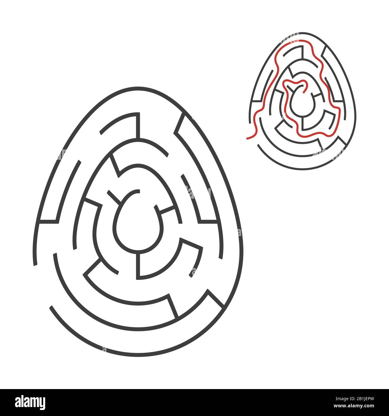 Labirinto ovale nero. Gioco per bambini. Puzzle per bambini. Vacanza, uovo, Pasqua. Labirinto enigma. Immagine vettoriale piatta isolata su sfondo bianco. Illustrazione Vettoriale
