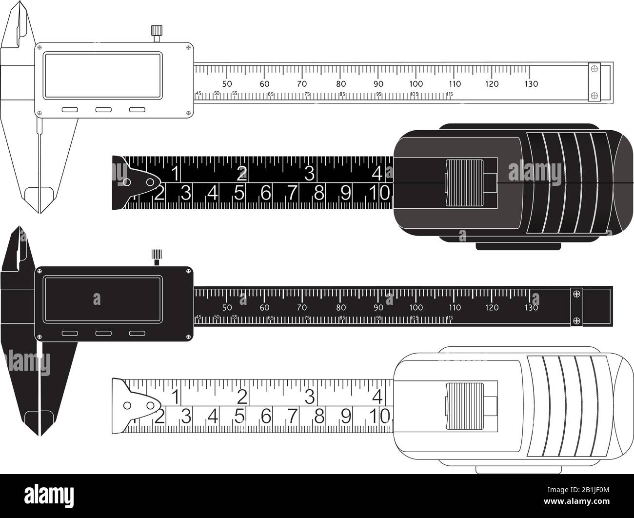 Metro a nastro e pinza. Disegno di contorno Illustrazione Vettoriale