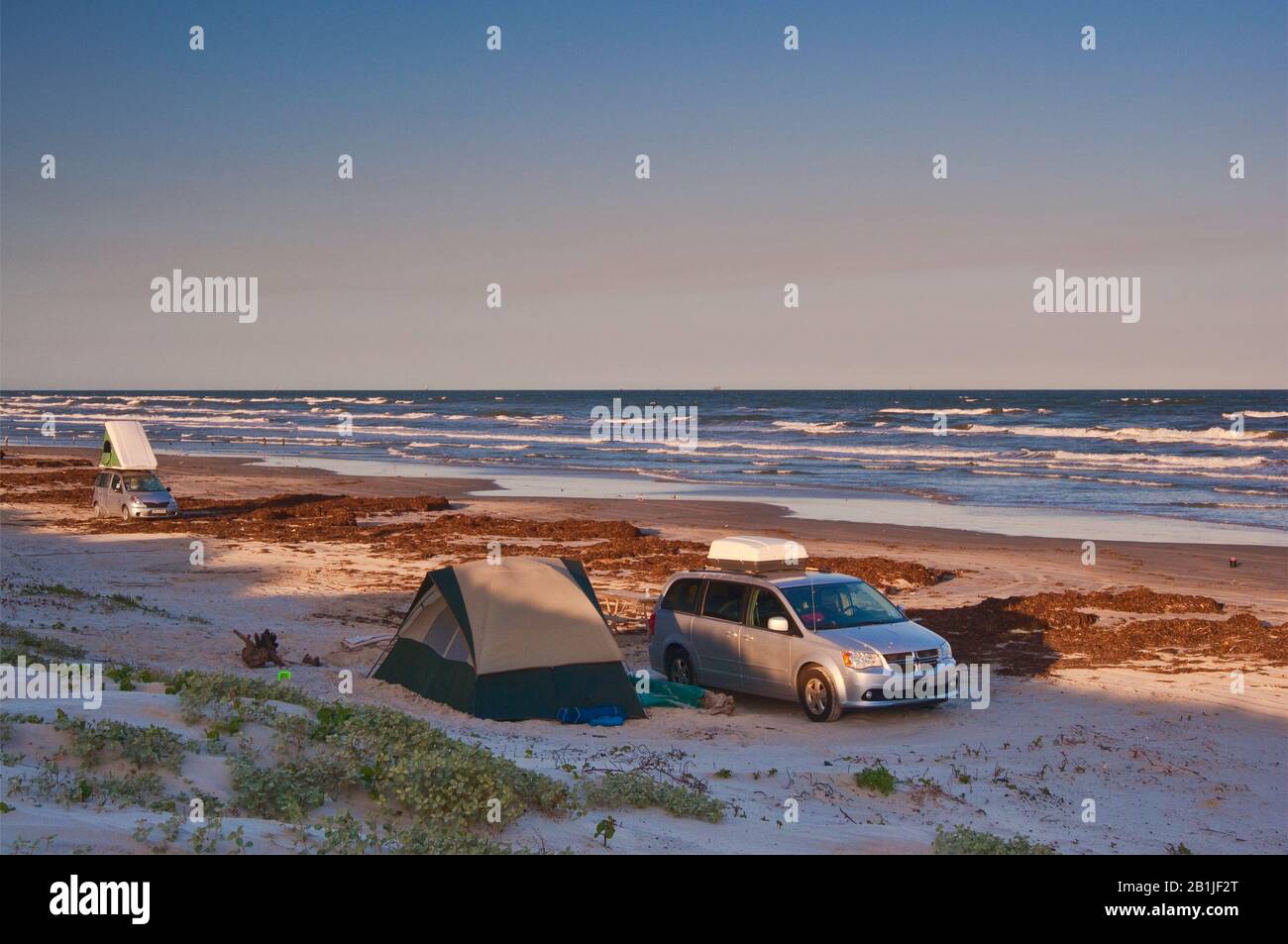Campeggio sulla spiaggia, coperto di alghe, Golfo del Messico, Mustang Island state Park, Gulf Coast, Texas, Stati Uniti Foto Stock