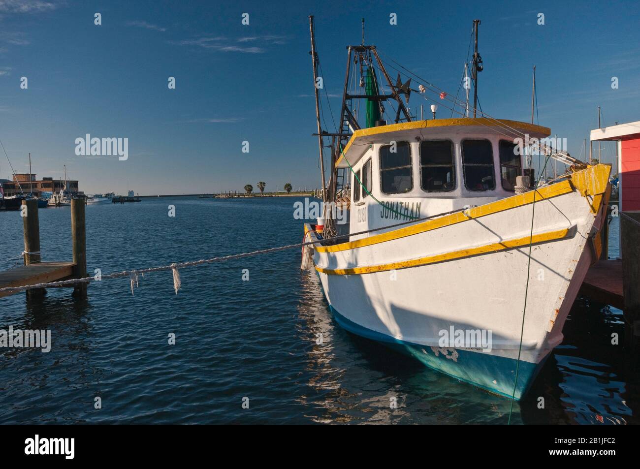 Gamberetti al porto, Aransas Bay, Golfo del Messico, Rockport, Gulf Coast, Texas, Stati Uniti Foto Stock
