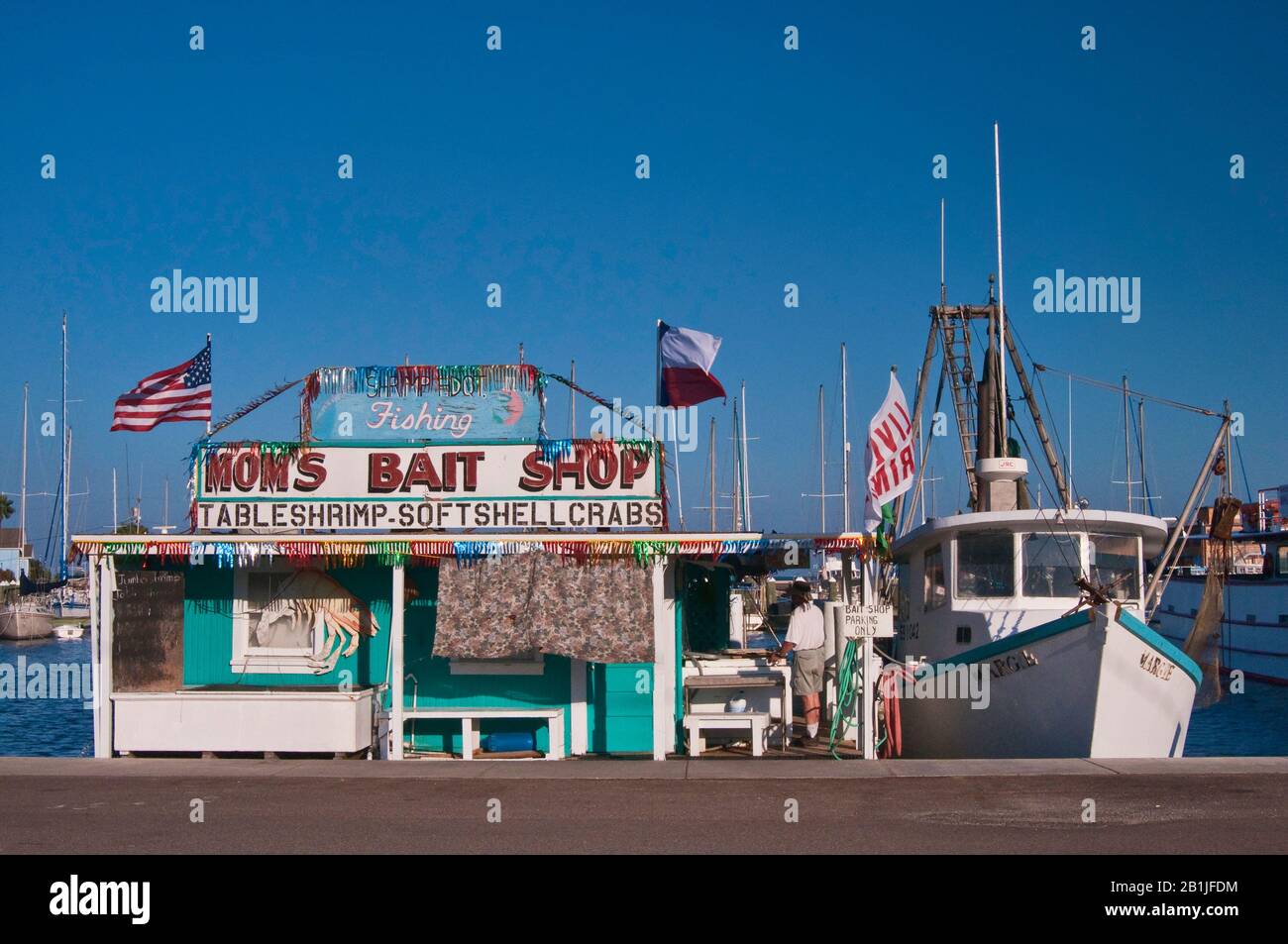 Negozio di esche sul lungomare di Aransas Bay, Golfo del Messico, Rockport, Gulf Coast, Texas, Stati Uniti Foto Stock