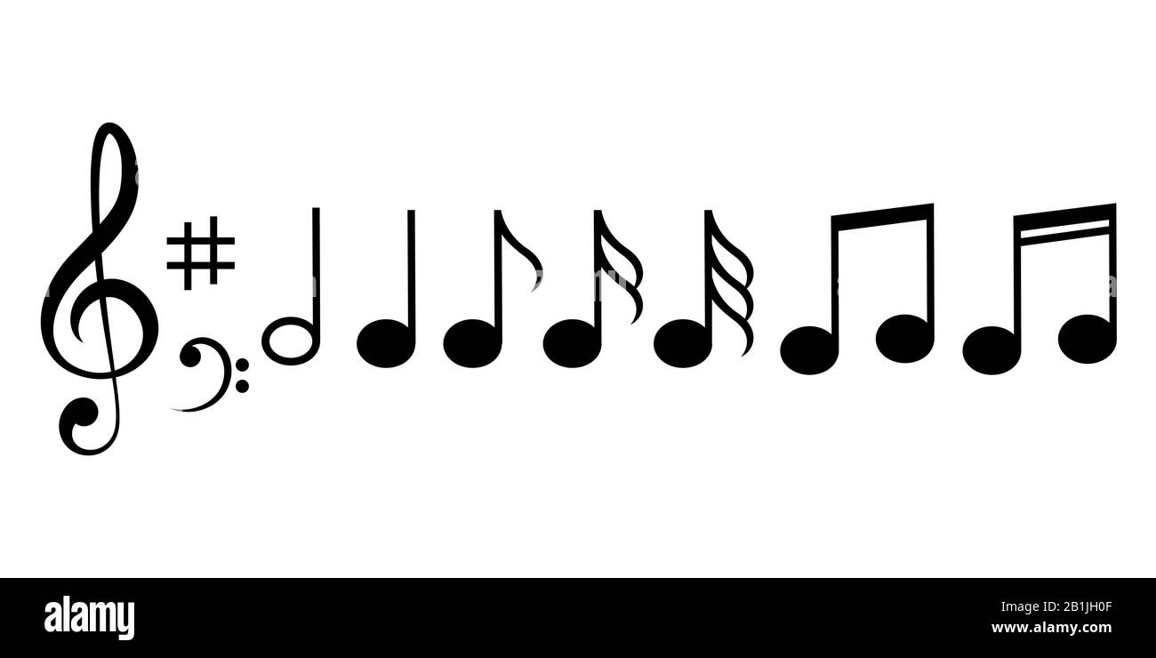 Set di icone note musicali. Simbolo di note nere su sfondo bianco - vettore stock. Illustrazione Vettoriale