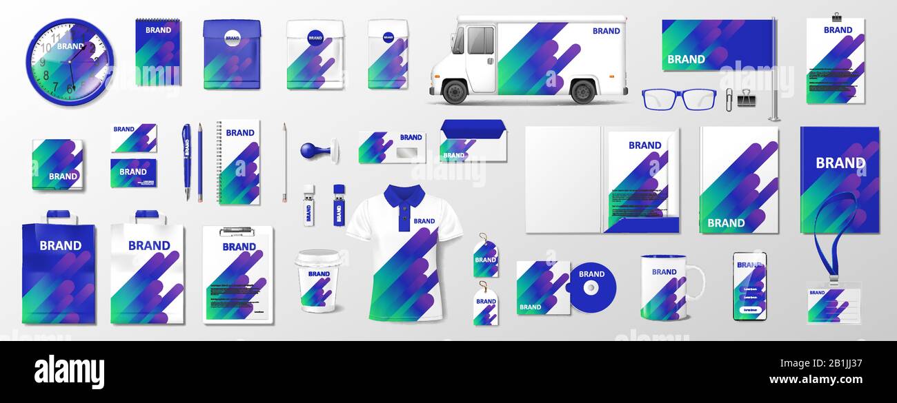 Realistico Business Stationery documentazione mockup con astratto geometrico viola design per il tuo marchio. Modello di identità aziendale con Liquido Illustrazione Vettoriale