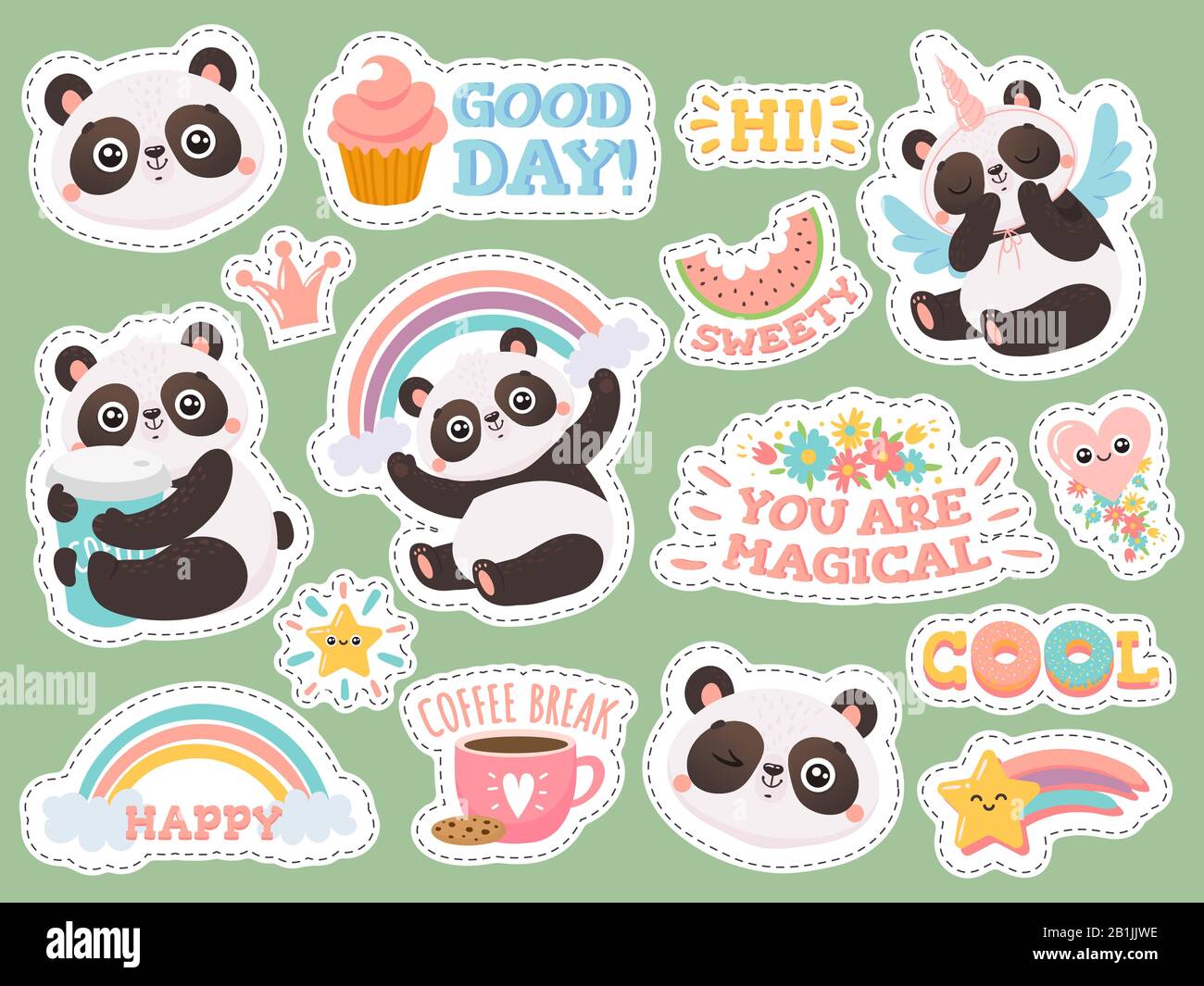 Simpatici adesivi per panda. Felice pandas patch, animali freschi e banda strizzone adesivo vettore illustrazione set Illustrazione Vettoriale