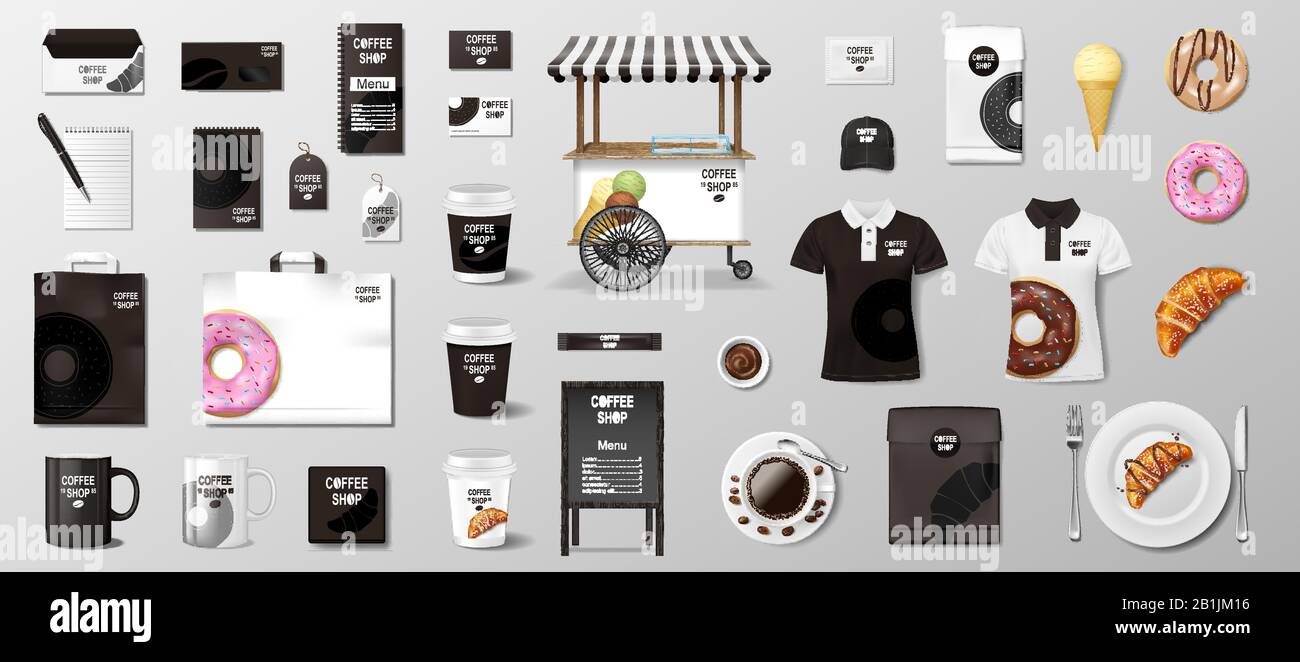 Mockup realistico per negozio di panetteria, ristorante, caffè. Corporate Identity Style Bakery food pacchetto mockup. Set di tazze, pack, uniforme, camicia, menu strada Illustrazione Vettoriale