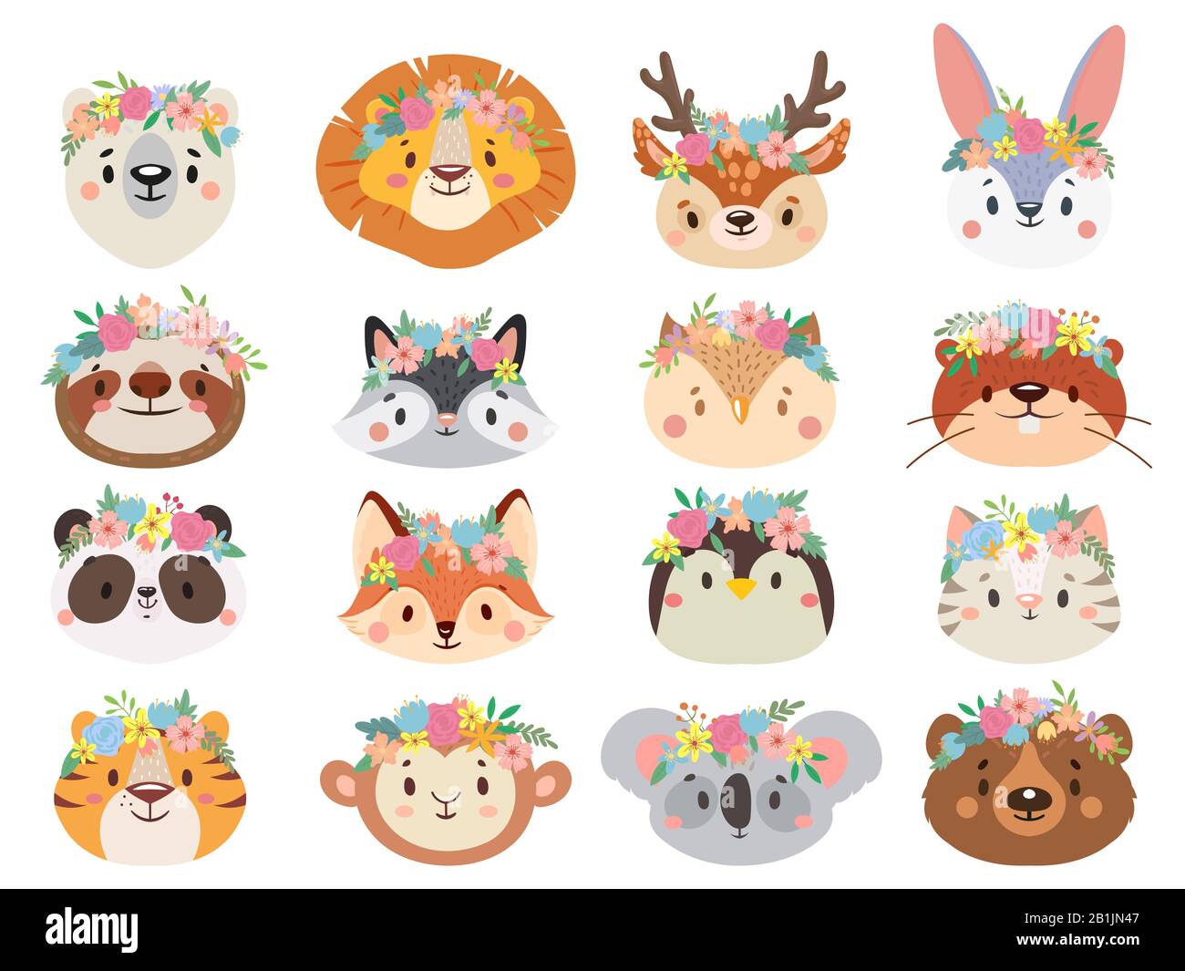 Animali divertenti in wreaths dei fiori. Testa di animale felice con fiore, gatto divertente e faccia animale in wreath vettore set Illustrazione Vettoriale