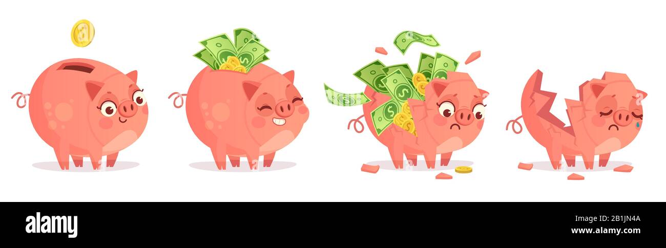 Cartone animato banca piggy. Risparmi, depositi bancari e risparmi investimenti di denaro. Vuoto e pieno di denaro contante e monete d'oro maiale banca vettore illustrazione Illustrazione Vettoriale