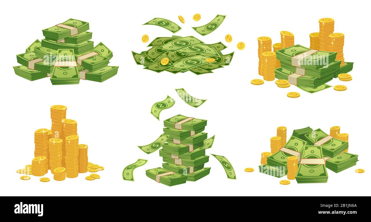 Denaro e monete cartoon. Pile di banconote in dollari verdi, monete d'oro e ricco set di illustrazioni vettoriali Illustrazione Vettoriale