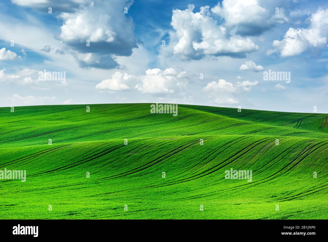Paesaggio rurale astratto con campi agricoli e cielo blu. Regione Della Moravia Meridionale, Repubblica Ceca Foto Stock