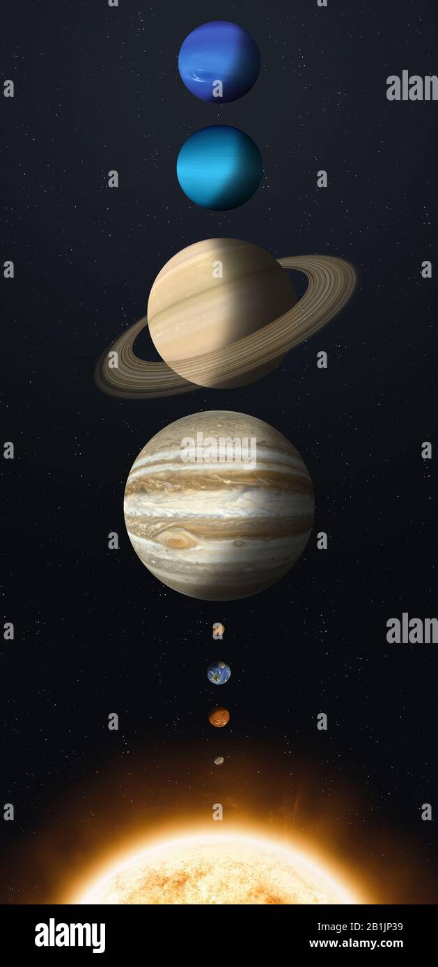 illustrazione 3d. confronto a grandezza intera dei pianeti del sistema solare Foto Stock