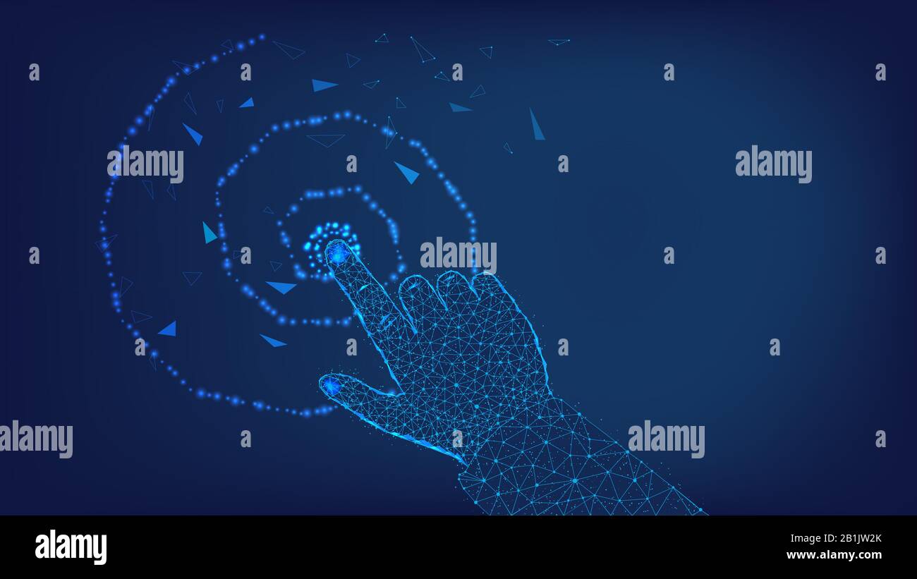 Illustrazione poligonale dell'uomo a mano di triangoli e punti. Toccare il futuro astratto. Sfondo di un bel cielo notturno blu scuro. Foto Stock