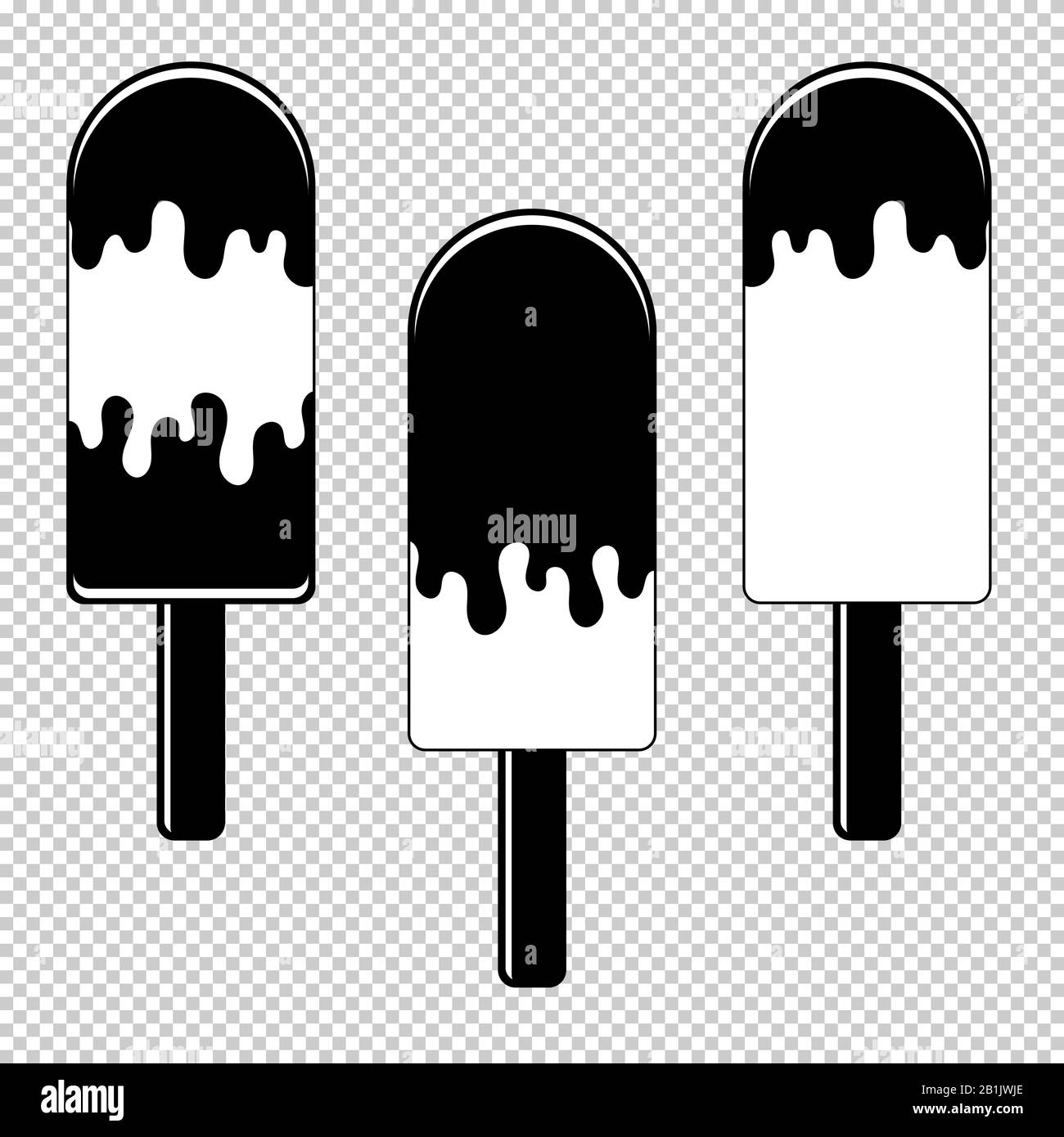 Un set di silhouette piatte nere isolate di gelato condito con glassa. Su bastoni di legno. Su sfondo trasparente. Disegno con contorno nero Illustrazione Vettoriale