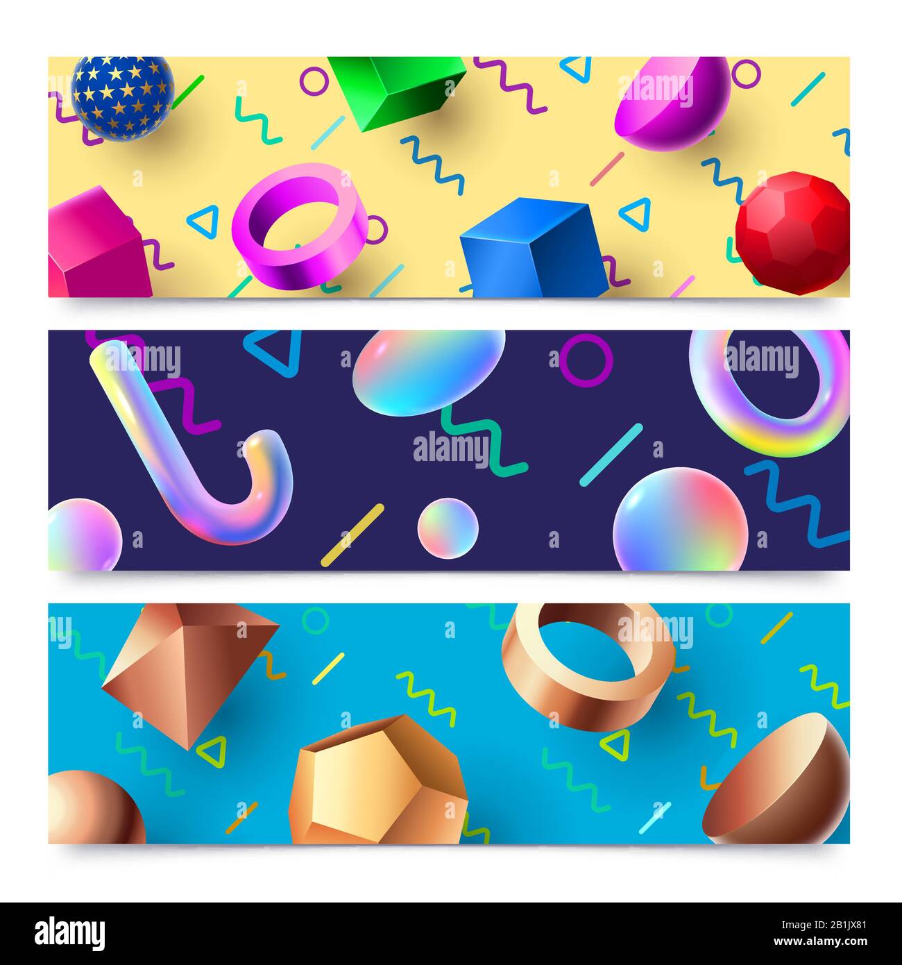 Banner con forme geometriche 3D astratte. Colorful 80s olografico 3D oggetti sfondo, arte moderna composizione banner frame set vettoriale Illustrazione Vettoriale