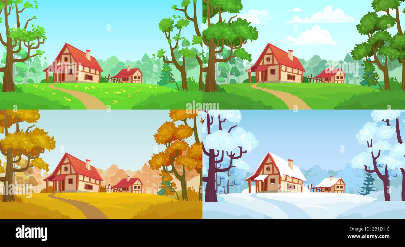 Cartoon casa in legno. Forest villaggio quattro stagioni paesaggi. Illustrazione vettoriale degli alberi primaverili, estivi, autunnali e invernali Illustrazione Vettoriale