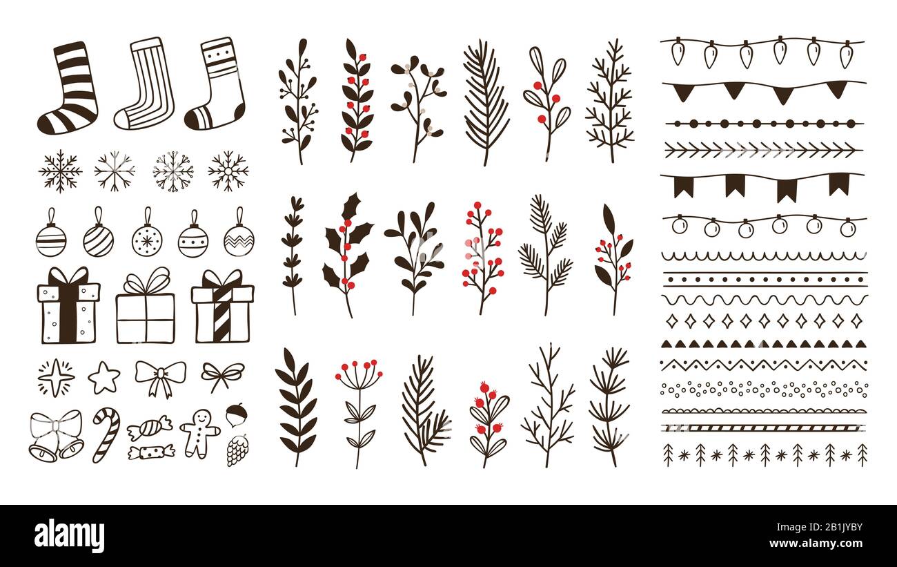 Elementi ornamentali invernali disegnati a mano. Doodle natale fiocco di neve, rami floreali e bordi decorativi vettore set Illustrazione Vettoriale