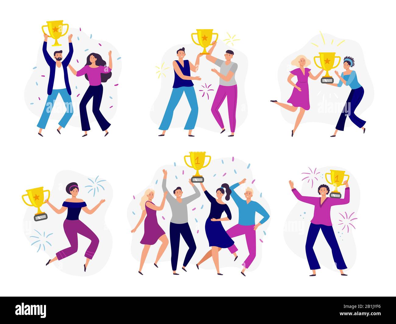 La gente vince la tazza. Coppia vincitori, uomo e donna con coppa d'oro. Successo business tram vincere premio e celebrare la vittoria vettore illustrazione set Illustrazione Vettoriale