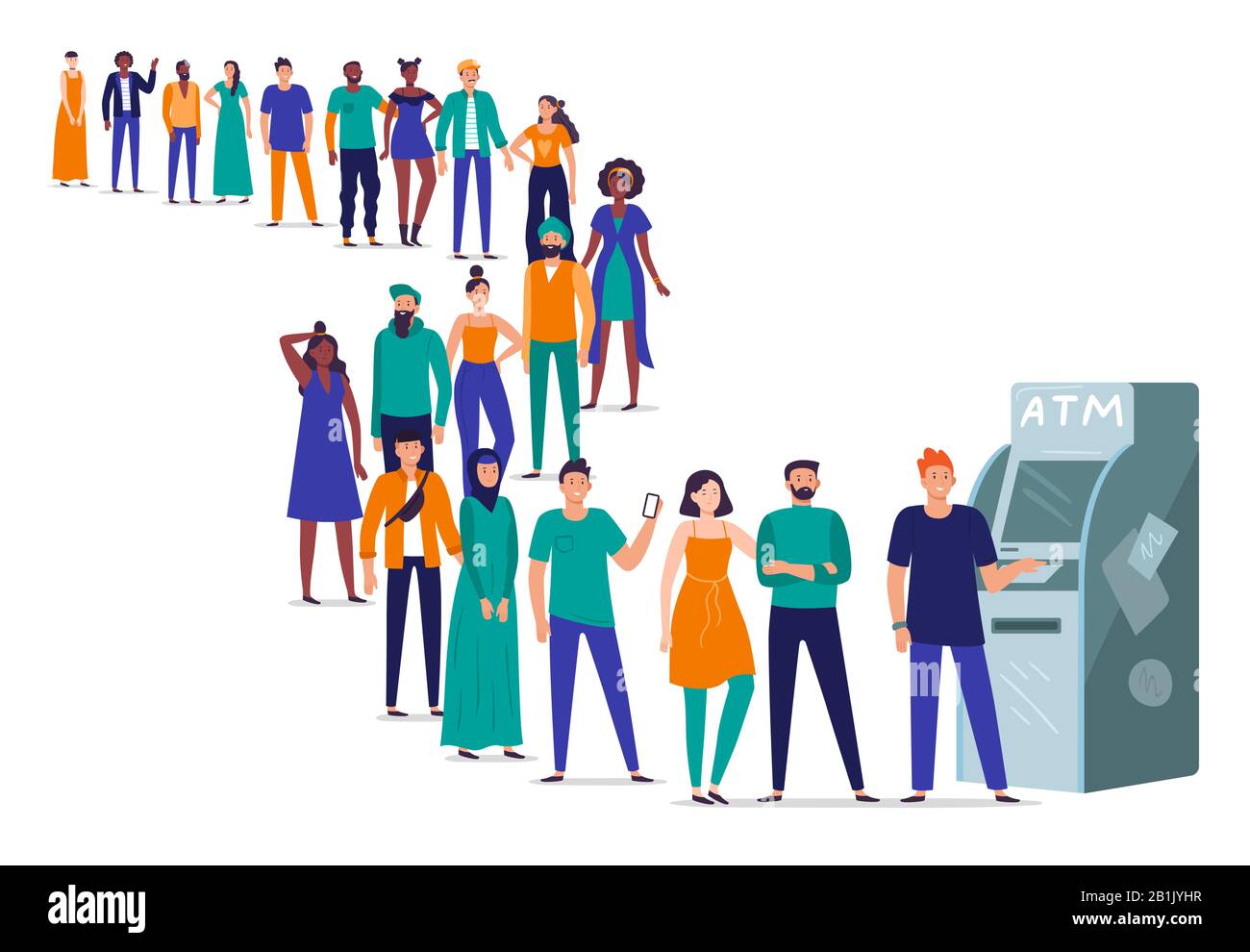 Linea a ATM. Le persone sono in coda, folla in attesa in linea per prelevare denaro dalla carta bancaria utilizzando ATM macchina flat vettore illustrazione Illustrazione Vettoriale