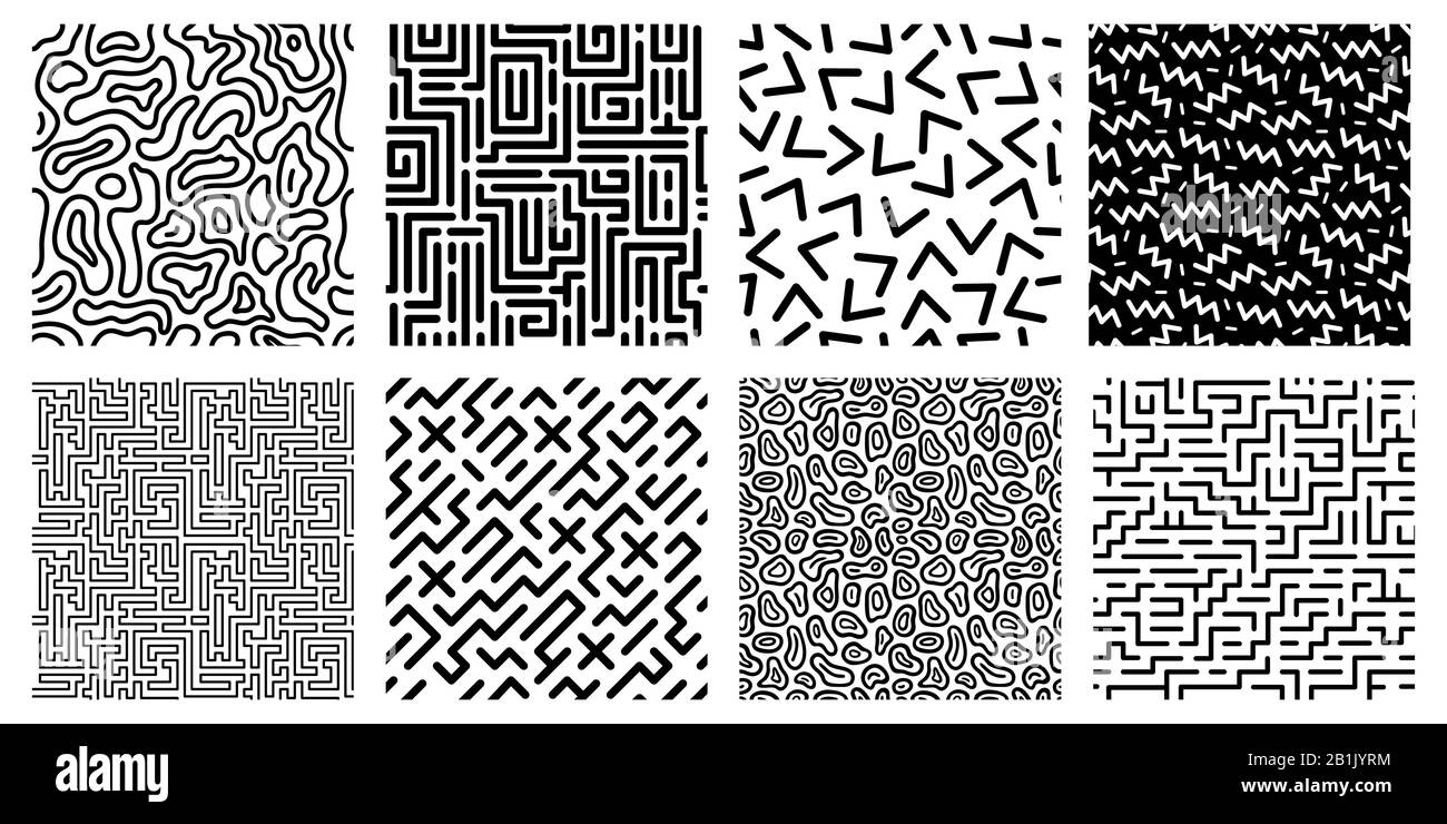 Ripetizione geometrica senza cuciture. Labirinto a righe, texture in stile 80s e set vettoriale di schemi labirintici digitali astratti Illustrazione Vettoriale
