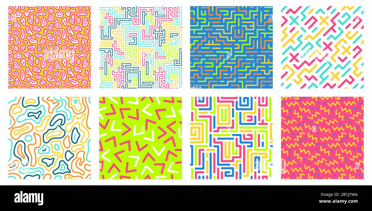 Motivo geometrico a colori senza cuciture. Variopinto motivo a labirinto, texture stile memphis e set vettoriale di modelli di moda 80s Illustrazione Vettoriale