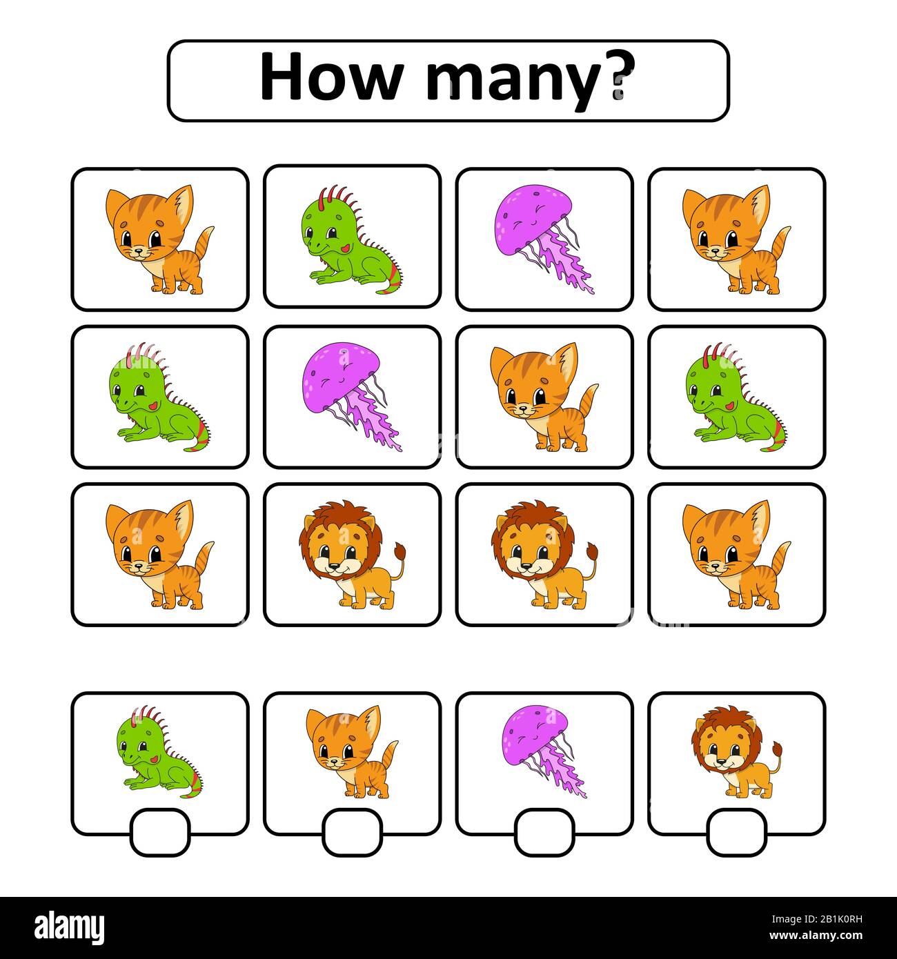 Conteggio gioco per bambini di età prescolare. Imparare la matematica. Quanti animali nella foto. Con spazio per le risposte. vecto semplice isolato piatto Illustrazione Vettoriale