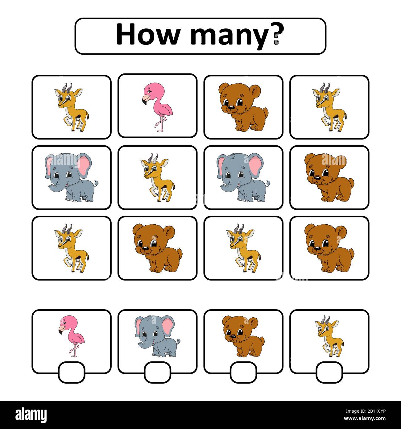 Conteggio gioco per bambini di età prescolare. Imparare la matematica. Quanti animali nella foto. Con spazio per le risposte. vecto semplice isolato piatto Illustrazione Vettoriale