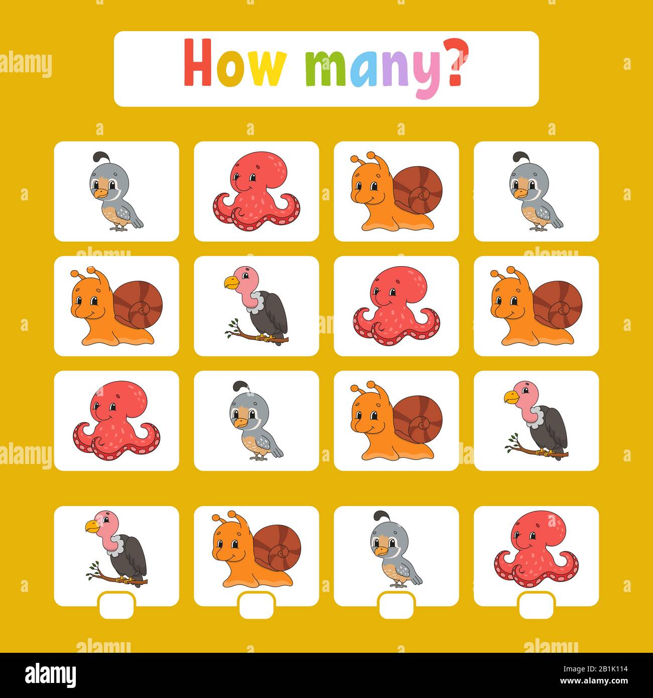 Conteggio gioco per bambini di età prescolare. Imparare la matematica. Quanti animali nella foto. Con spazio per le risposte. vecto semplice isolato piatto Illustrazione Vettoriale