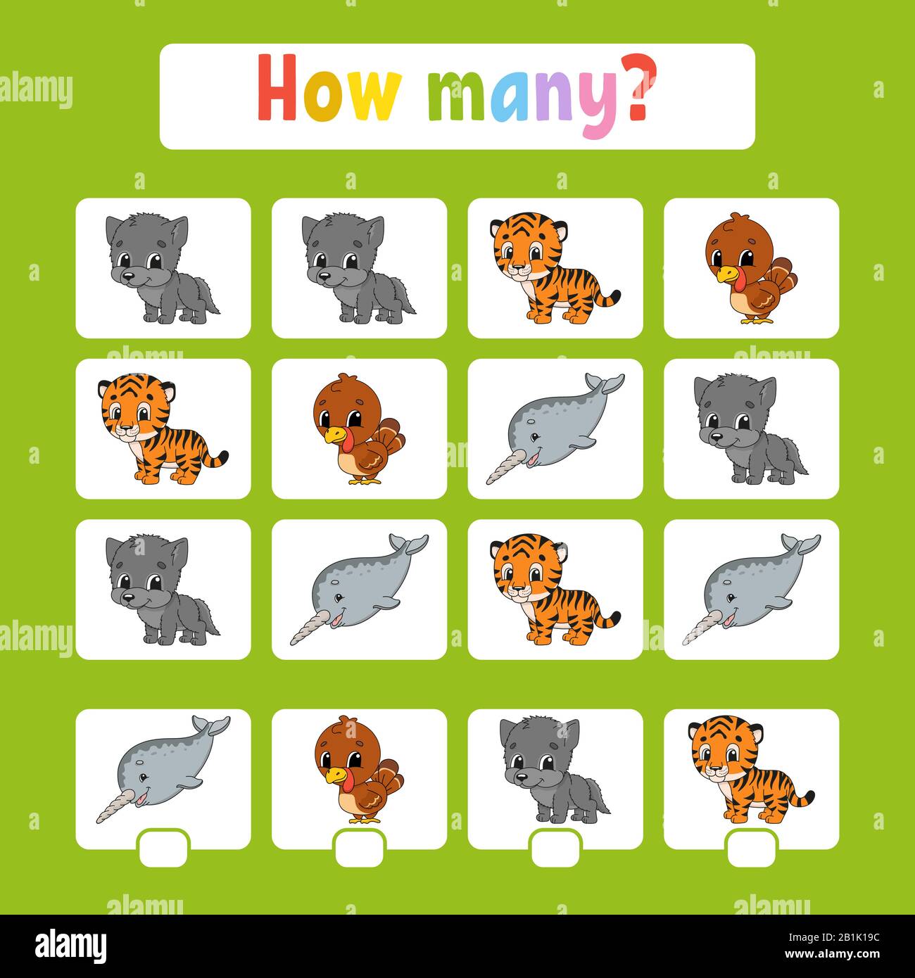 Conteggio gioco per bambini di età prescolare. Imparare la matematica. Quanti animali nella foto. Con spazio per le risposte. vecto semplice isolato piatto Illustrazione Vettoriale