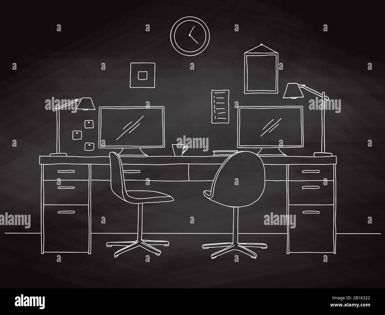 Aprire lo spazio in ufficio. I luoghi di lavoro esterni. Tavoli, sedie. Illustrazione Vettoriale in uno schizzo di stile. Illustrazione Vettoriale