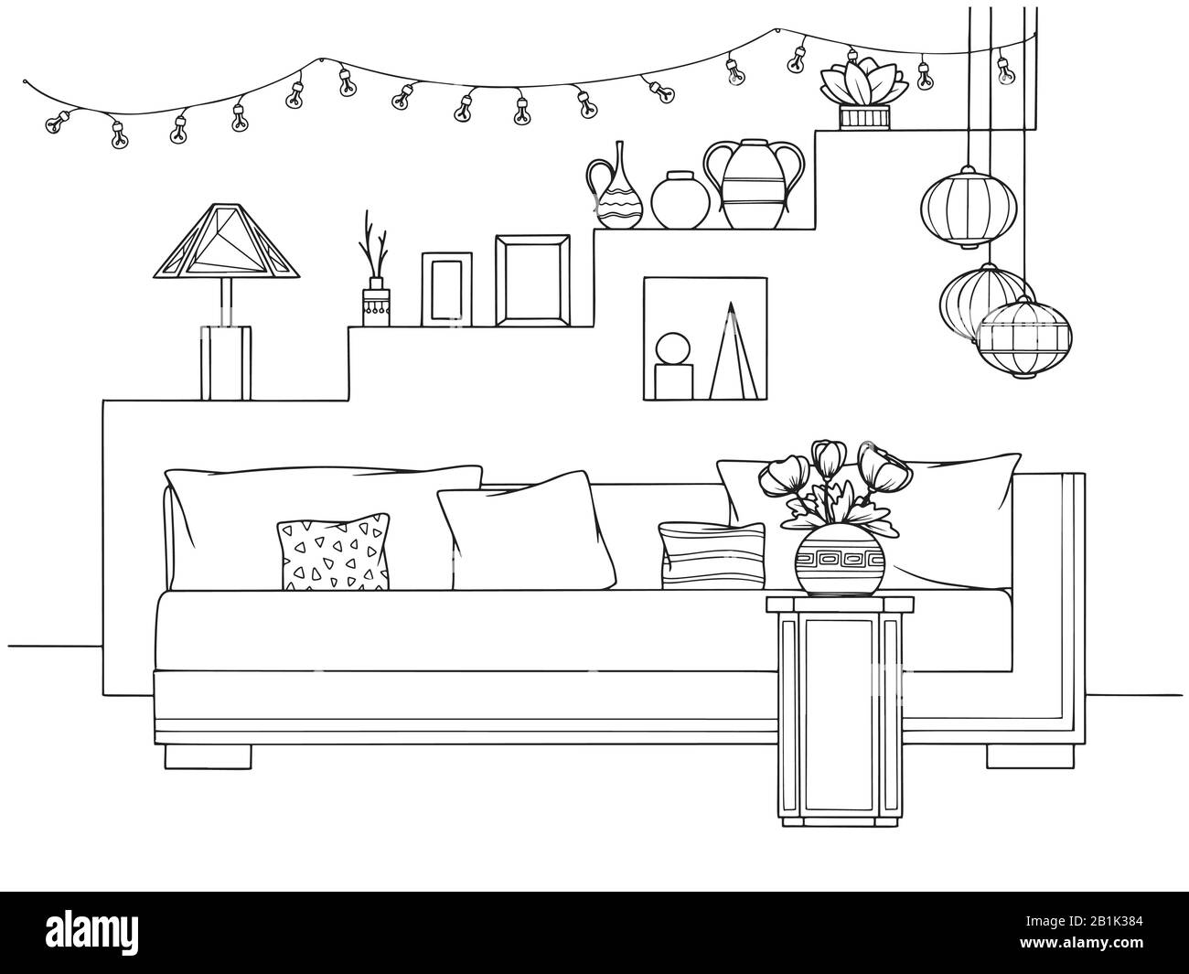 Abbozzate un accogliente soggiorno in stile boho. Divano, tavolo e vari elementi decorativi. Illustrazione vettoriale nello stile di schizzo. Illustrazione Vettoriale