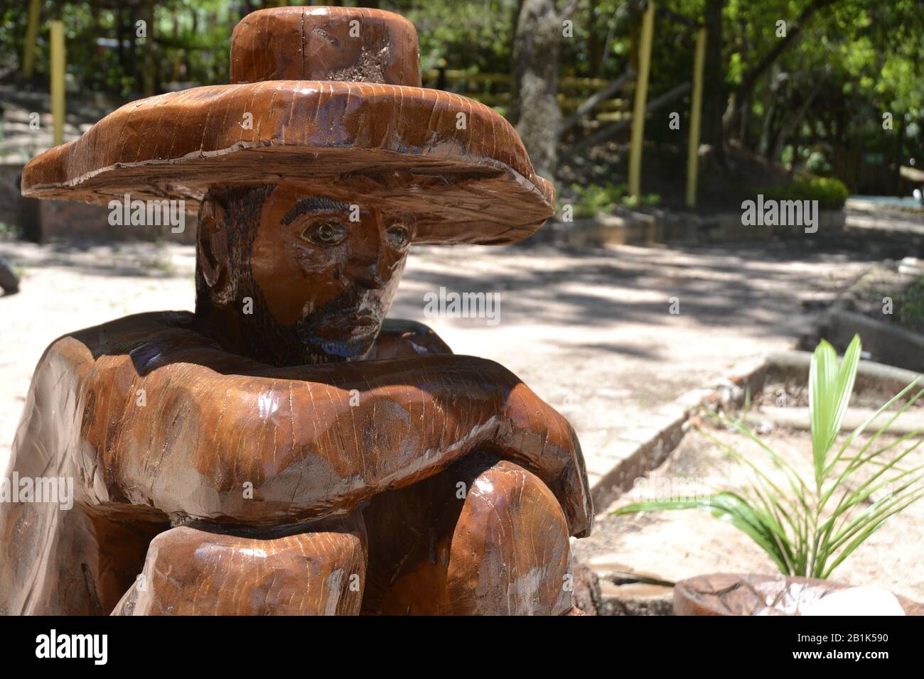Uomo di legno. Artigianato di legno duro fatto a mano, uomo in cappello seduto e guardando avanti, con vegetazione e sfondo sfocato, Brasile, Sud America Foto Stock