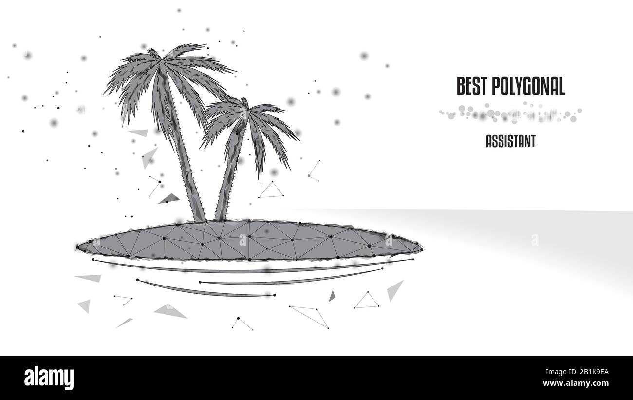 Alberi di palma su un isolotto da poligoni e punti. Illustrazione in bianco e nero. Concetto di sogno o Concetto di vacanza, viaggio, viaggio o turismo. Poli basso Illustrazione Vettoriale