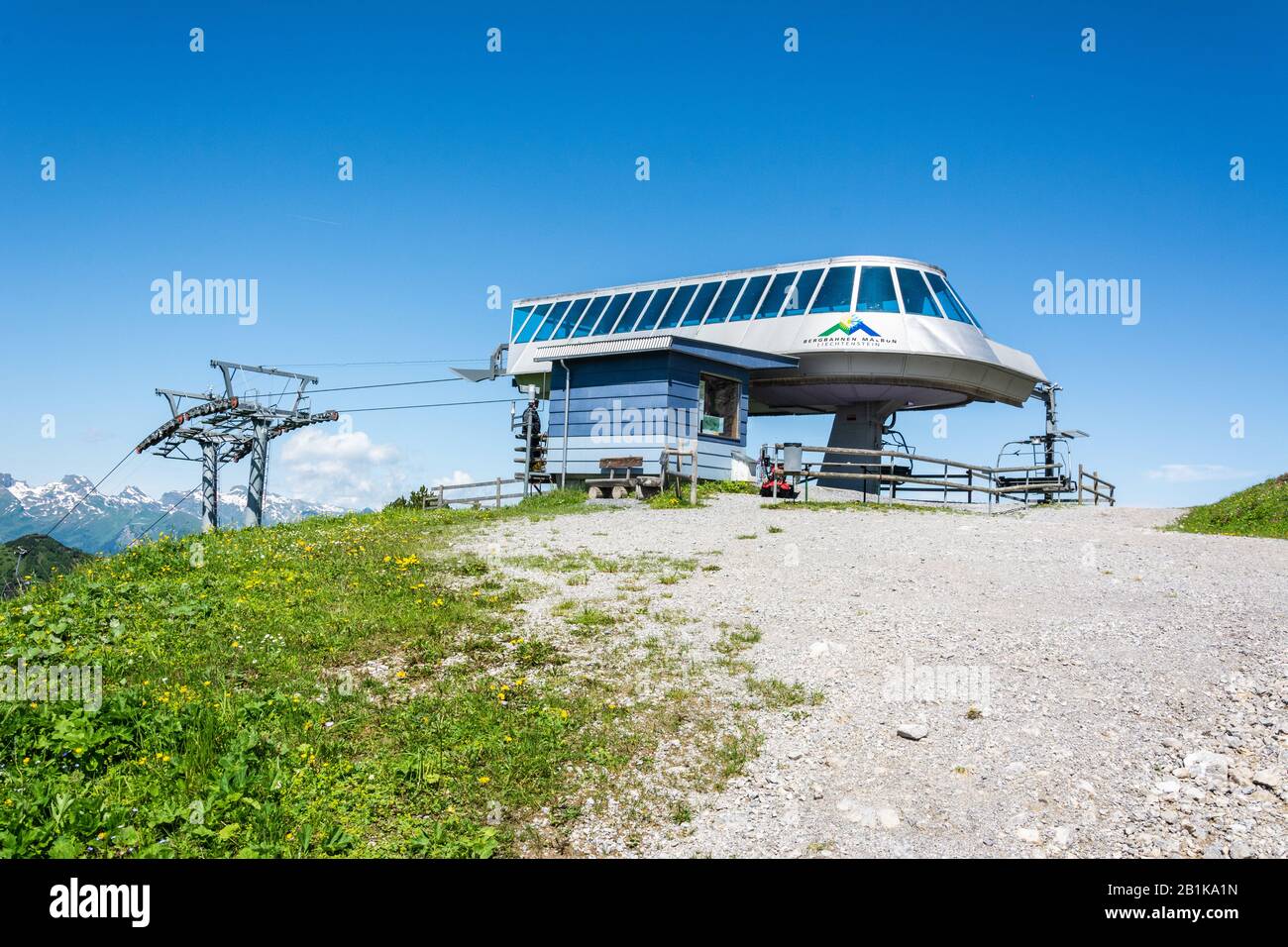 Malbun, Liechtenstein – 28 Giugno 2016. Stazione terminale superiore della seggiovia di Malbun nel Liechtenstein. Foto Stock