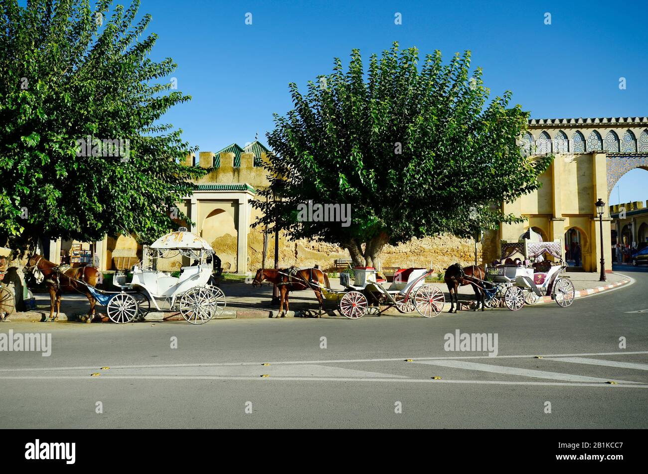 Marocco, Meknes, cavoli trainati da cavalli a Bab Moulay Ismail Foto Stock