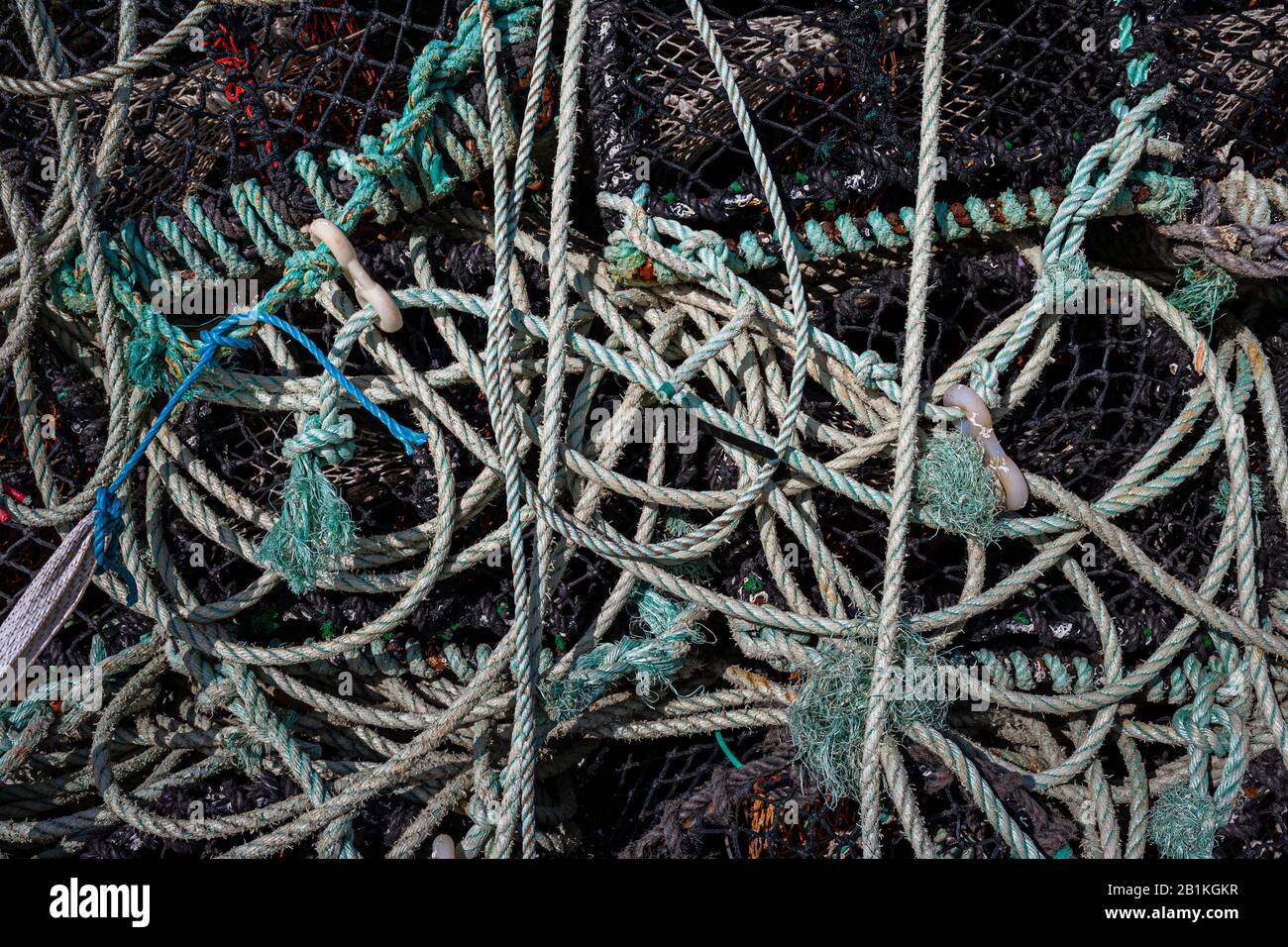 Pentole e corde di aragosta, Portmagee Harbor, County Kerry, Irlanda Foto Stock