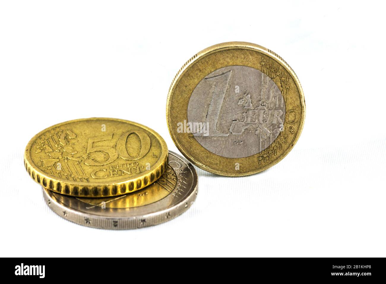 monete da uno, due e 50 centesimi di euro Foto Stock