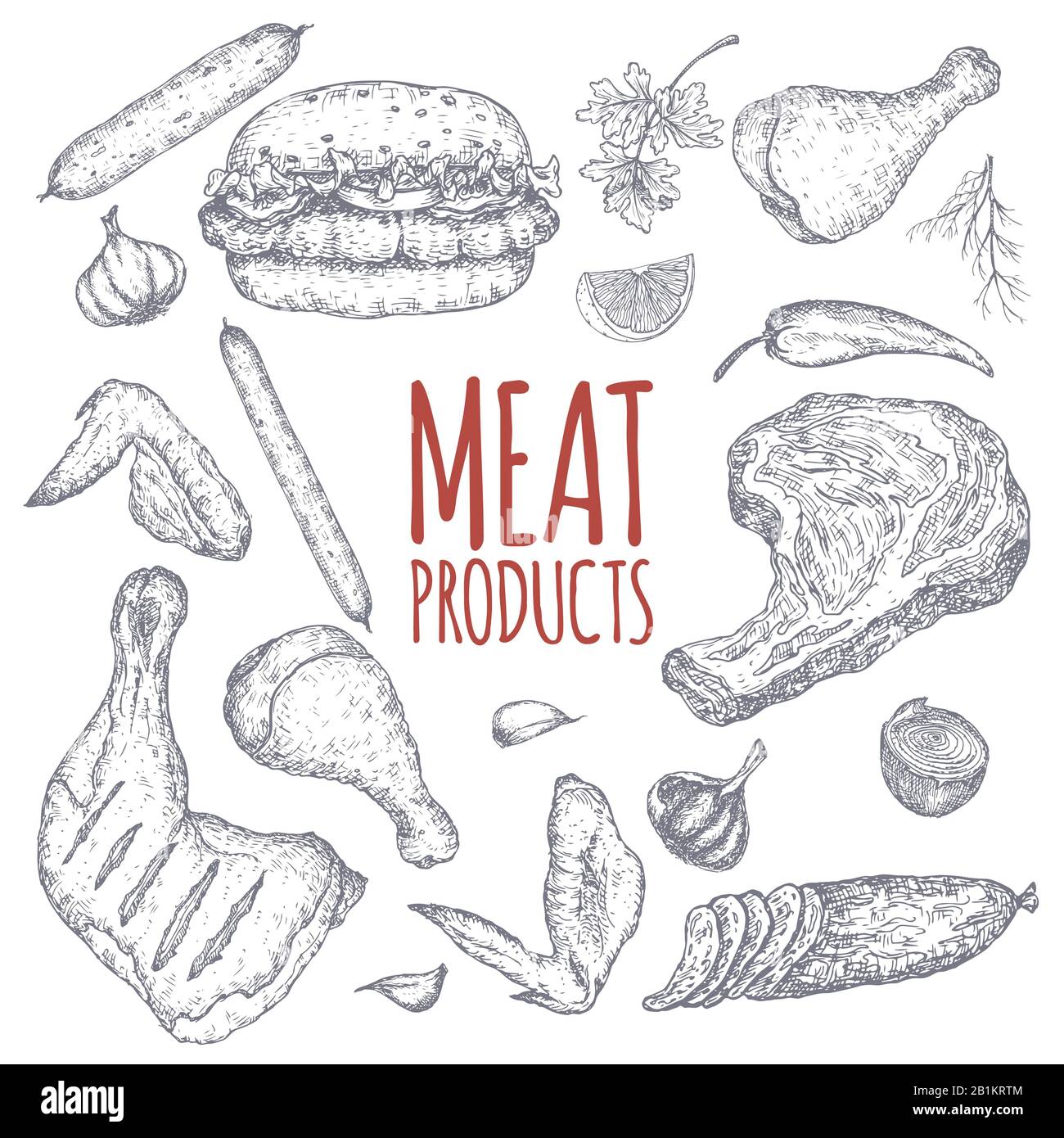 Prodotti a base di carne modello senza cuciture con schizzi di salumi, salsicce, hamburger, bistecche, pollo, verdure. Illustrazione Vettoriale