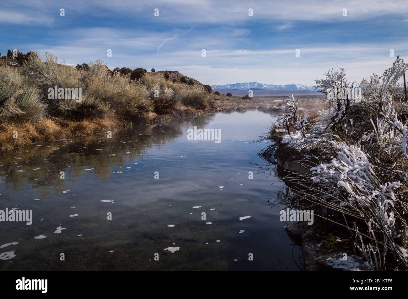 Un ruscello caldo gelido vicino a Mammoth, California su un'ondeggiante inverno. Foto Stock