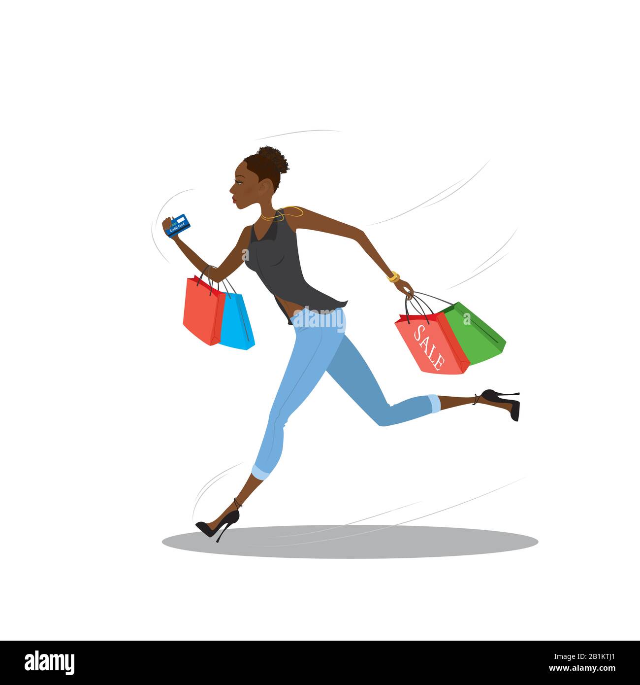 Giovane ragazza americana africana che corre con i sacchetti di shopping .Vendita theme.isolated su sfondo bianco. Illustrazione del vettore cartoon Illustrazione Vettoriale