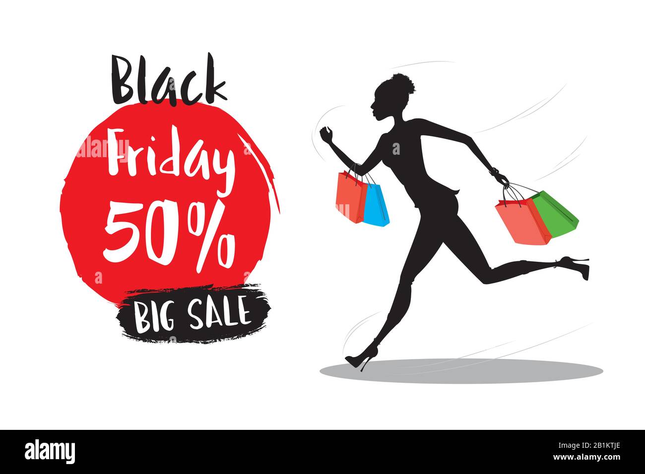 Silhouette di donne con borse di shopping corre al tema Black Friday.Big sale. Illustrazione del vettore cartoon su sfondo bianco Illustrazione Vettoriale