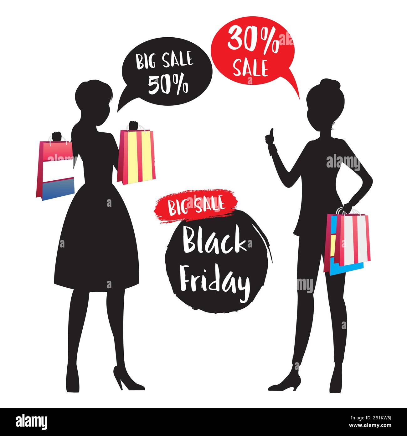 Silhouette di donne con borse per lo shopping, segno e etichetta Black Friday. Banner di vendita.illustrazione del vettore di stock Illustrazione Vettoriale