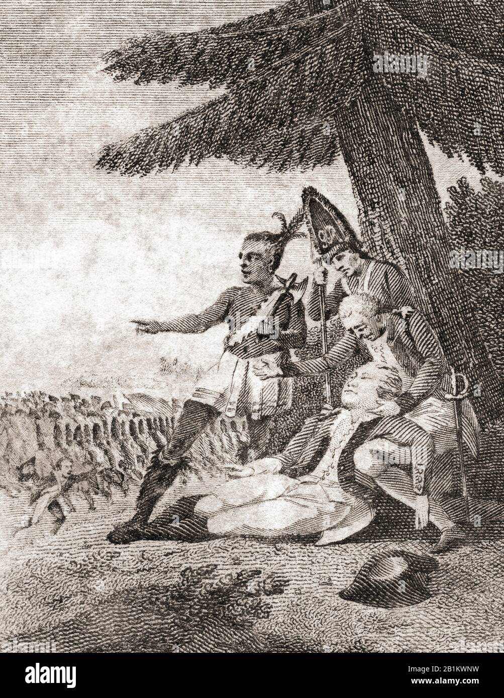 La morte di Wolfe. James Wolfe, 1727 – 1759. Ufficiale dell'esercito britannico ferito fatalmente alla battaglia delle pianure di Abraham. Dalla Storia dell'Inghilterra, dai primi record all'anno 1802, pubblicato nel 1812. Foto Stock